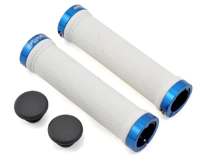 electric rigid bike grips-Spank Spoon Handlebar Grips Double Lock On White & Blue 130mm