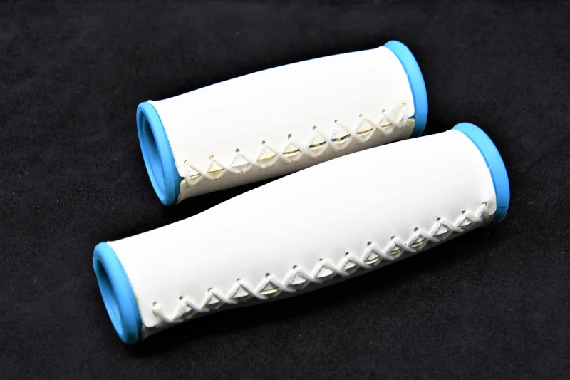 eco-friendly plush bike grips-Pair Luxury White & Blue “Hand Stitch Look” Bike Handlebar Grips 2 Sizes Gripshift