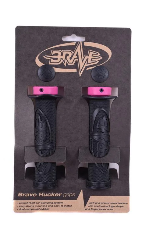 thick e-bike compatible grips-BRAVE 'HUCKER’ HANDLEBAR GRIPS LOCK-ON 22.2mm BLACK WITH PINK LOCK RINGS 65% OFF