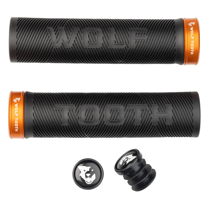 blue pro-grade bike grips-Wolf Tooth Echo Lock-On MTB Grips – Black-Orange