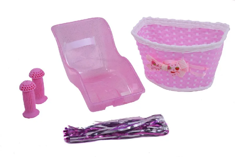 easy-install senior bicycle grips-Girls Pink Accessory Pack Dolly Seat Bow Basket Tassels & Free Grips - Ideal Gift